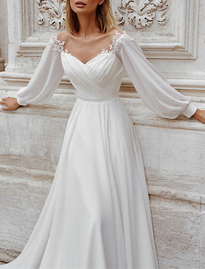 Beach Fall Wedding Dresses A-Line Off Shoulder Long Sleeve Court Train Chiffon Bridal Gowns With Appliques Solid Color