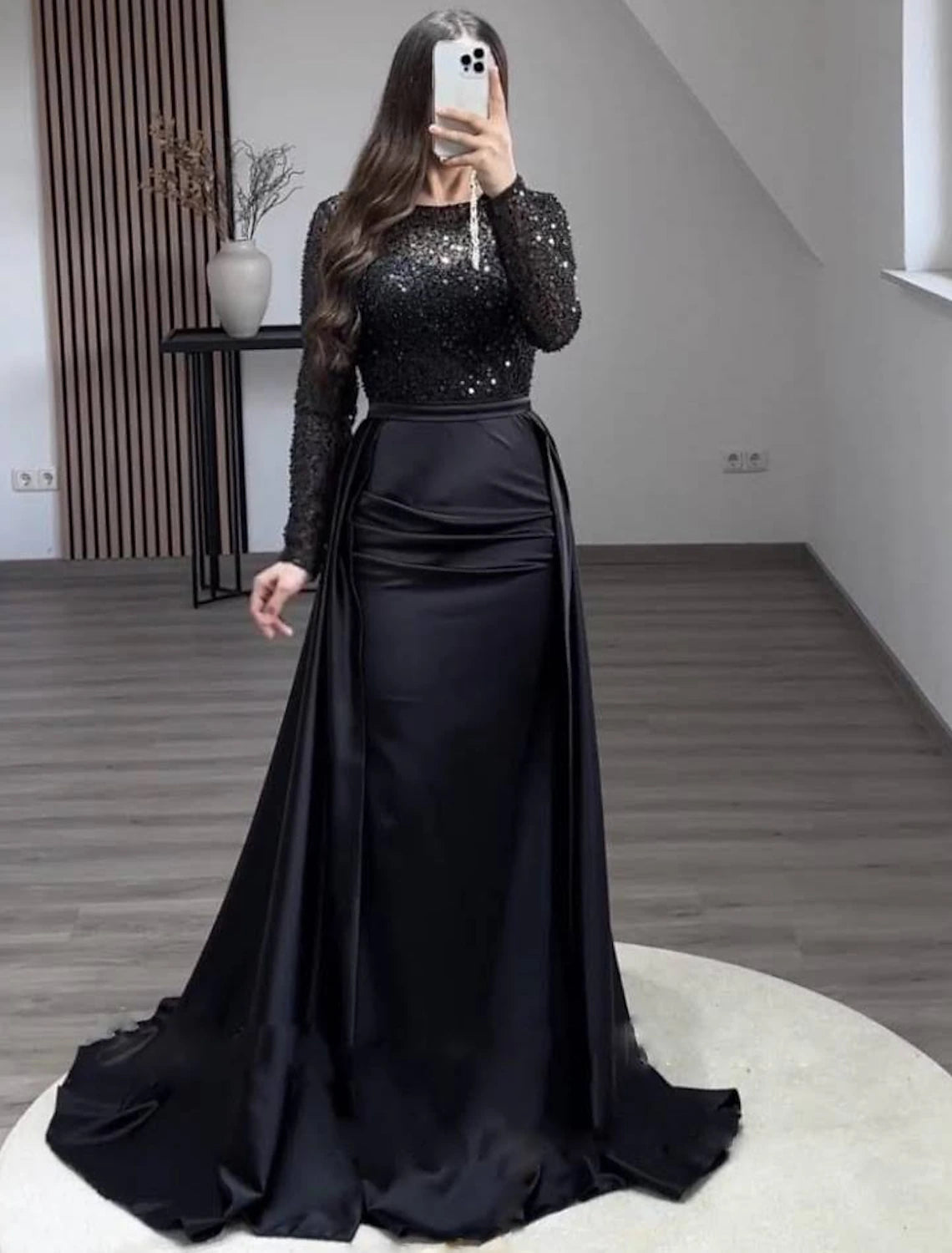 Mermaid Sequin Evening Gown Ruched Satin Dress Long Sleeves Floor Leng ...
