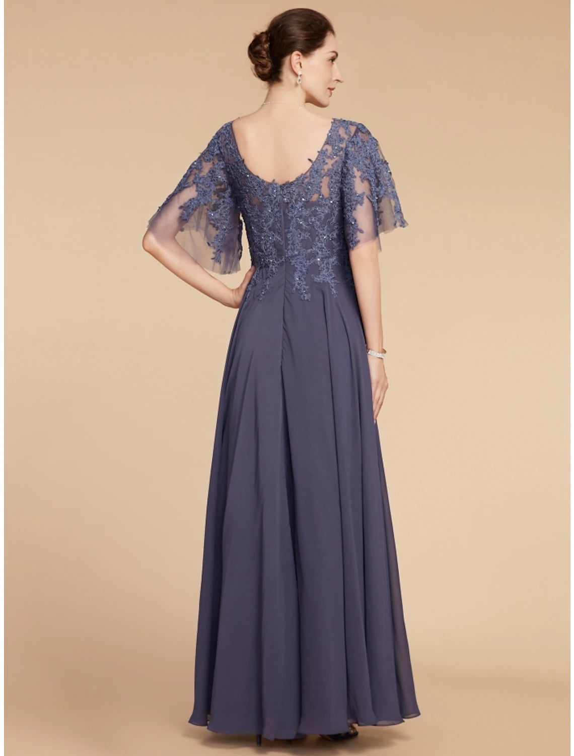 A-Line Mother of the Bride Dress Wedding Guest Elegant V Neck Floor Length Chiffon Lace Short Sleeve with Sequin Ruching Solid Color