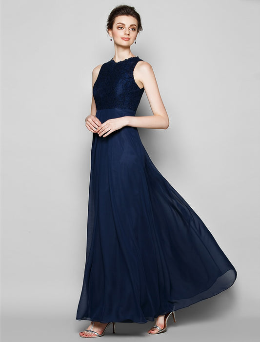 Sheath / Column Bridesmaid Dress Jewel Neck Sleeveless Elegant Floor Length Chiffon / Lace with Lace