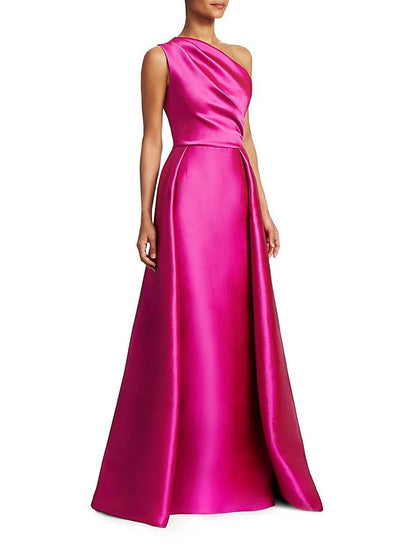 Sheath Christmas Red Green Dress Evening Gown Hot Pink Dress Wedding Guest Floor Length Sleeveless One Shoulder Satin with Overskirt Pure Color