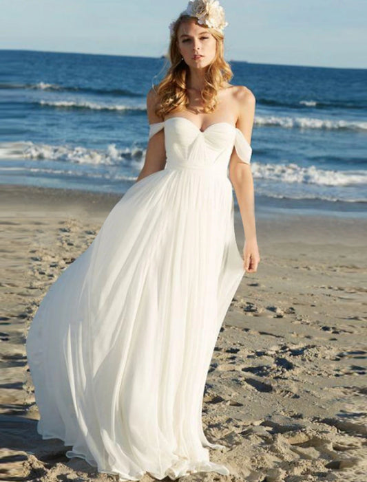 Beach Sexy Boho Wedding Dresses A-Line Off Shoulder Cap Sleeve Floor Length Chiffon Bridal Gowns With Pleats Solid Color