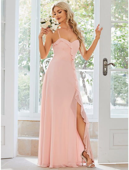 A-Line Wedding Guest Dresses Casual Dress Party Wear Wedding Party Floor Length Sleeveless Spaghetti Strap Chiffon with Ruffles Slit