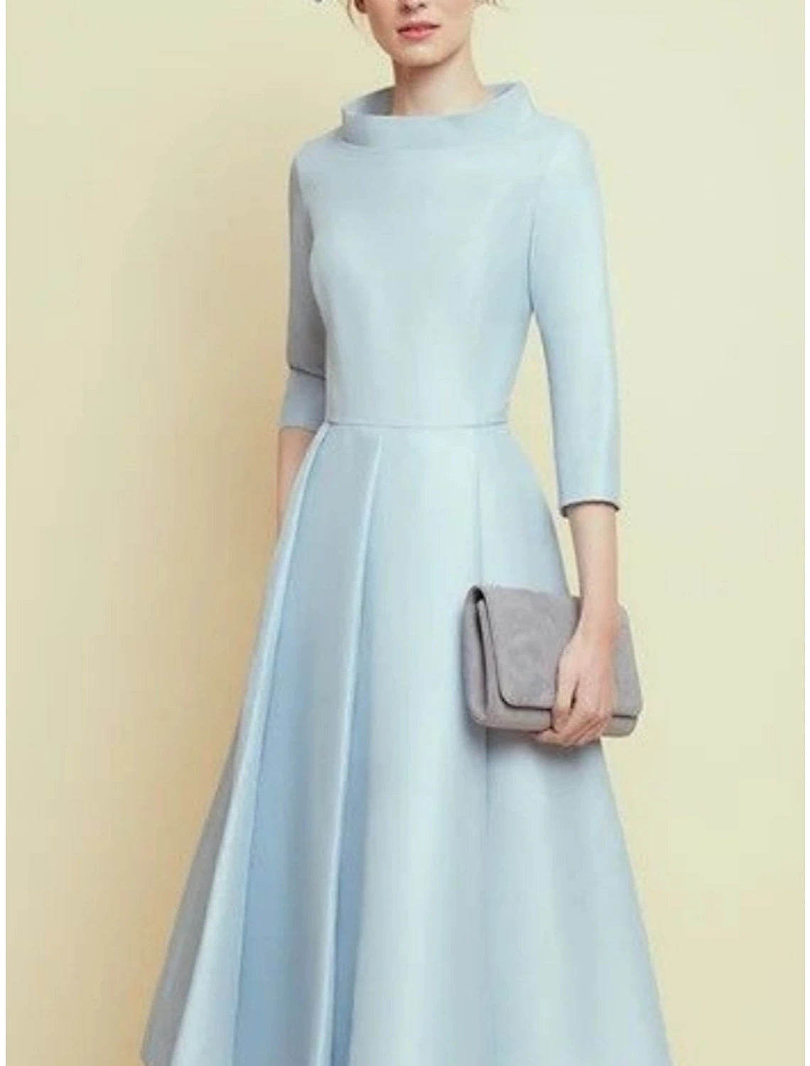 A-Line Mother of the Bride Dress Wedding Guest Simple Elegant Neck Tea Length Satin 3/4 Length Sleeve with Pleats Solid Color