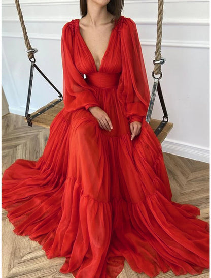 A-Line Evening Gown Elegant Dress Christmas Red Green Dress Formal Wedding Guest Floor Length Long Sleeve V Neck Chiffon with Ruched