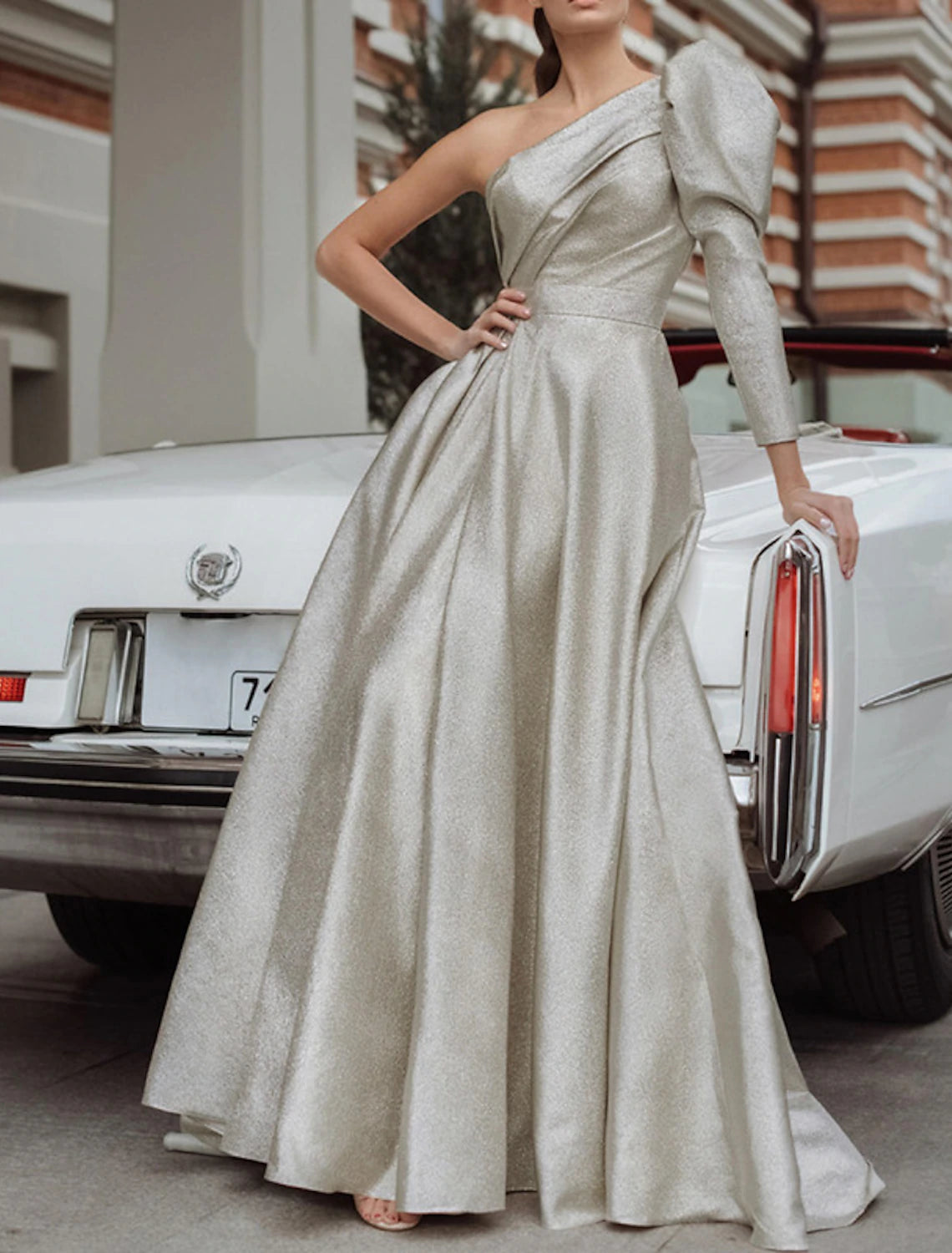 A-Line Evening Gown Maxi Dress Formal Wedding Guest Floor Length Long Sleeve One Shoulder Sequined with Pleats