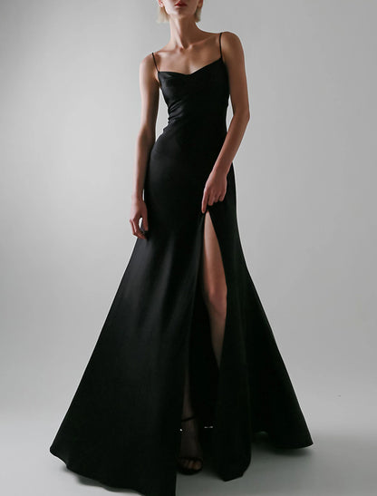 A-Line Evening Gown Sexy Dress Wedding Guest Prom Floor Length Sleeveless Spaghetti Strap Satin with Slit Pure Color