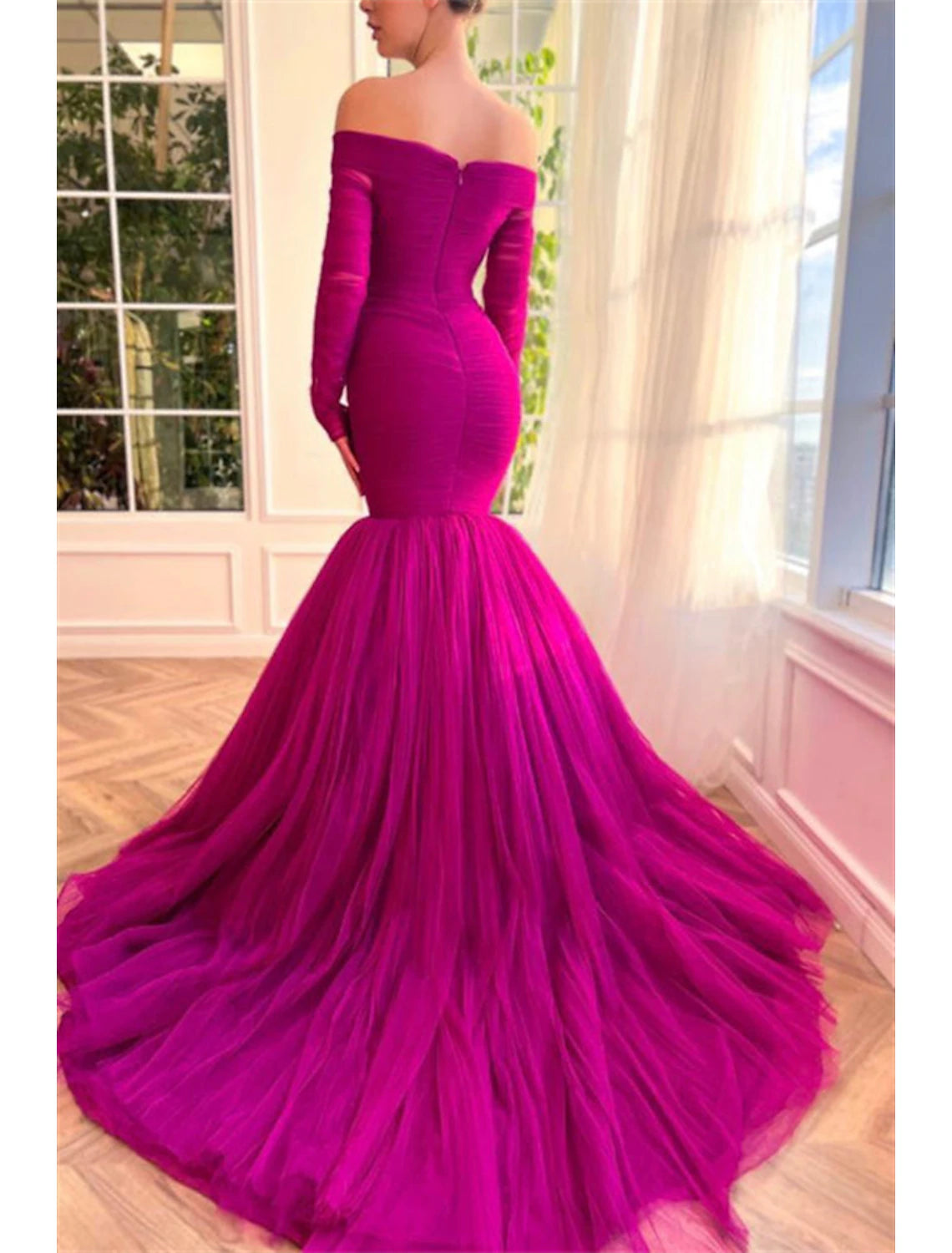 Mermaid Christmas Red Green Dress Evening Gown Elegant Dress Wedding Guest Wedding Party Court Train Long Sleeve Off Shoulder Tulle with Ruched