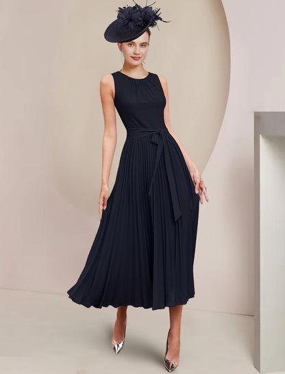 Two Piece A-Line Mother of the Bride Dress Wedding Guest Party Vintage Elegant Scoop Neck Tea Length Chiffon Sleeveless Wrap Included with Bow(s) Pleats