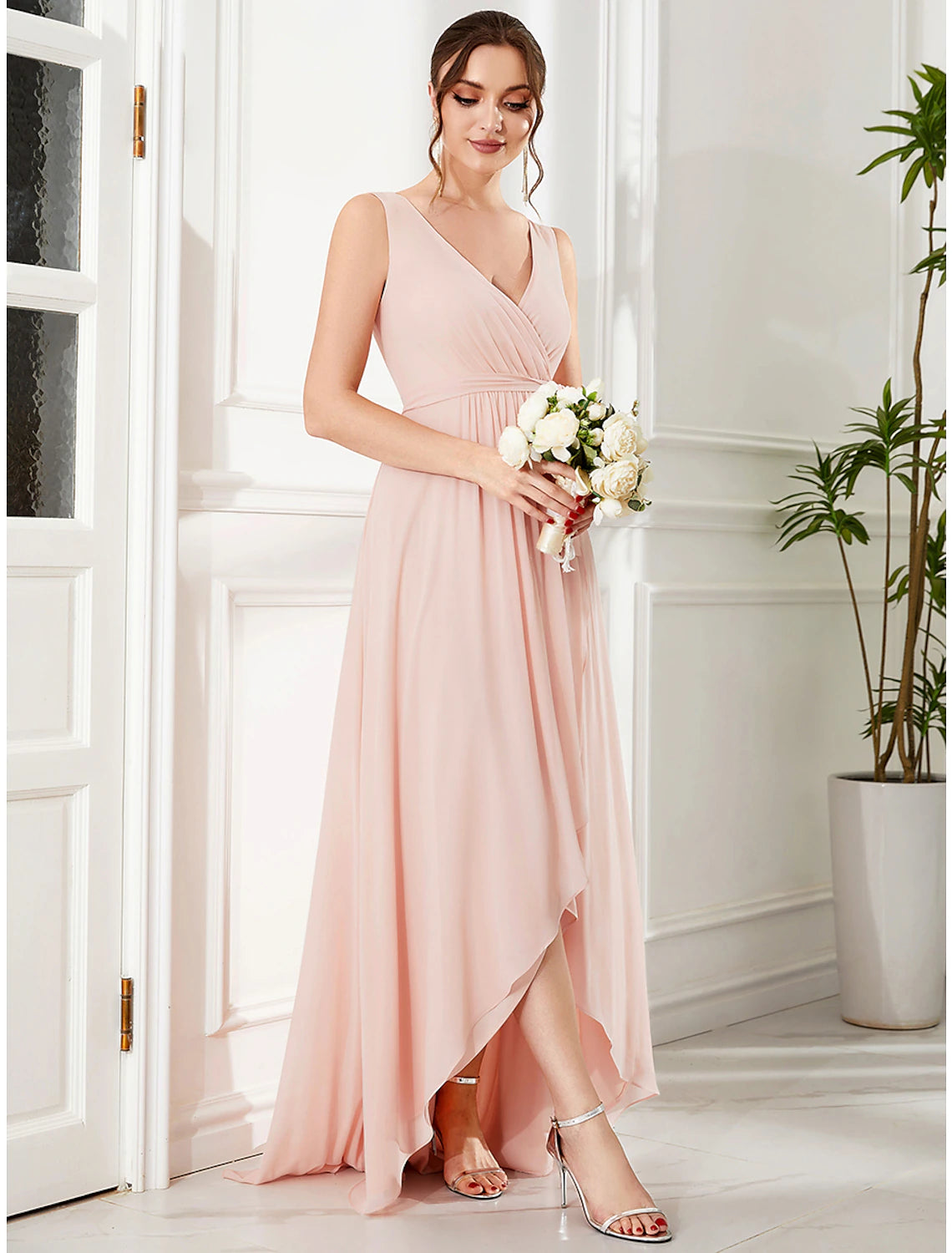 A-Line Wedding Guest Dresses Elegant Dress Party Wear Asymmetrical Sleeveless Spaghetti Strap Chiffon with Ruffles Slit