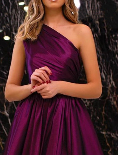 A-Line Minimalist Elegant Engagement Formal Evening Birthday Dress One Shoulder Sleeveless Floor Length Satin with Pleats Slit