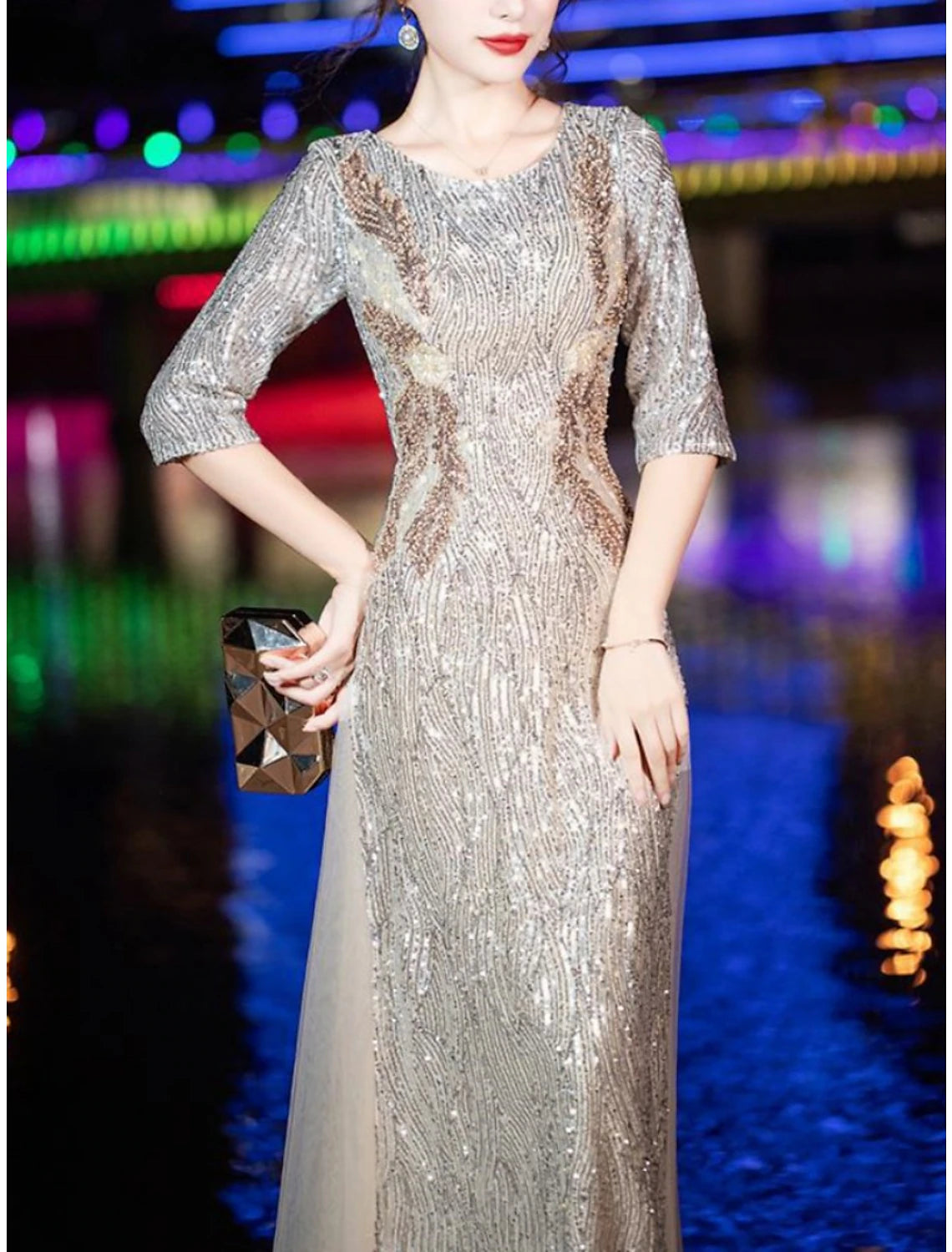 Sheath / Column Mother of the Bride Dress Wedding Guest Party Sparkle & Shine Petite Scoop Neck Floor Length Tulle Sequined Half Sleeve with Pleats