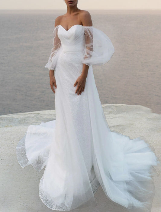 Beach Boho Wedding Dresses A-Line Off Shoulder 3/4 Length Sleeve Court Train Satin Bridal Gowns With Solid Color