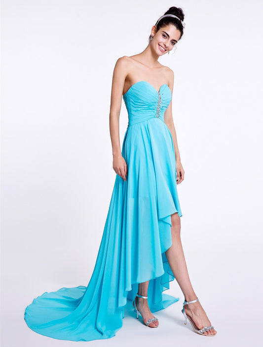 A-Line Bridesmaid Dress Sweetheart Sleeveless Open Back Asymmetrical Chiffon with Ruched / Beading