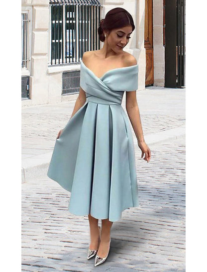 A-Line Cocktail Dresses 1950s Dress Homecoming Formal Evening Tea Length Short Sleeve V Neck Stretch Fabric V Back with Pleats