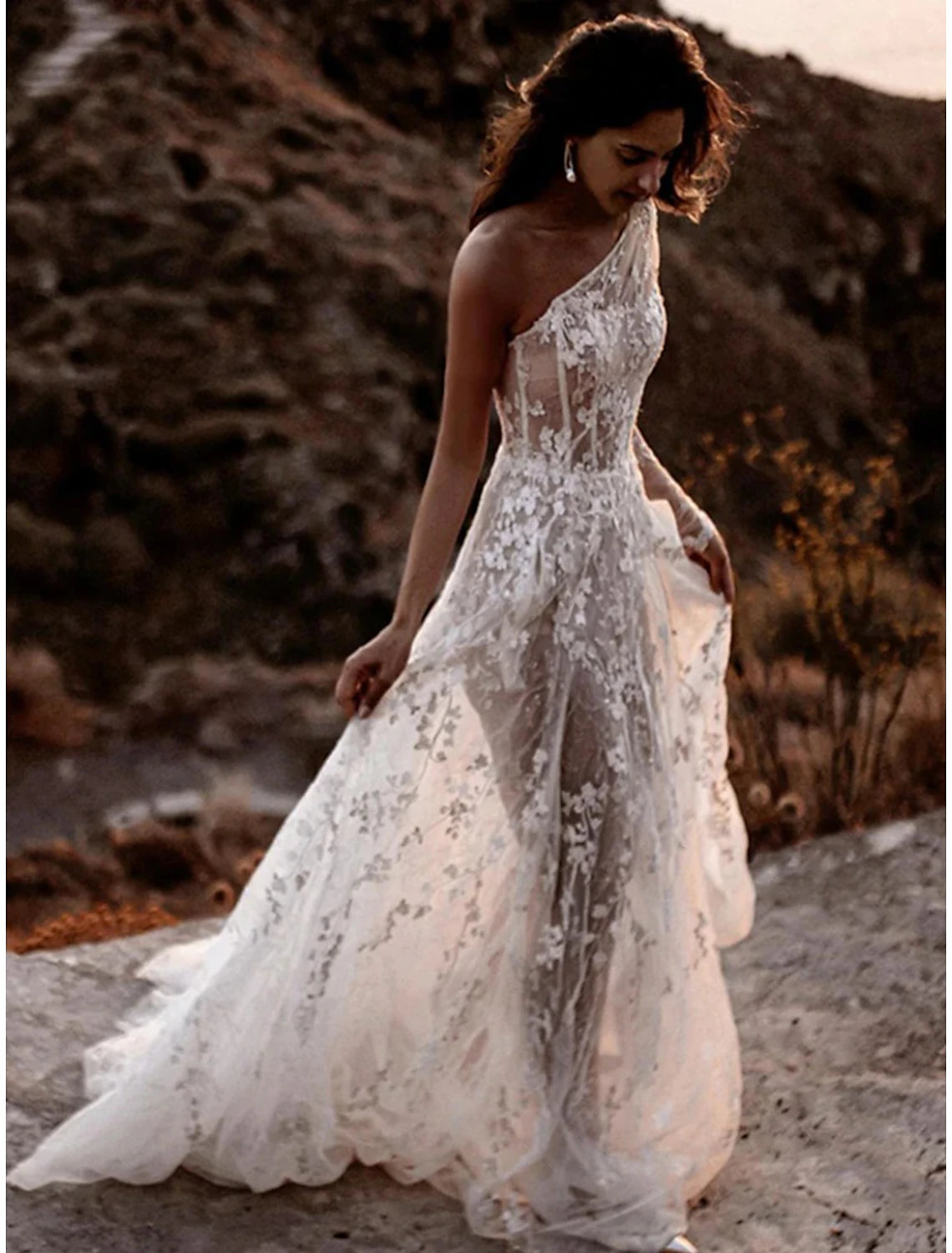 Beach Sexy Boho Wedding Dresses A-Line One Shoulder Long Sleeve Sweep / Brush Train Lace Bridal Gowns With Split Front