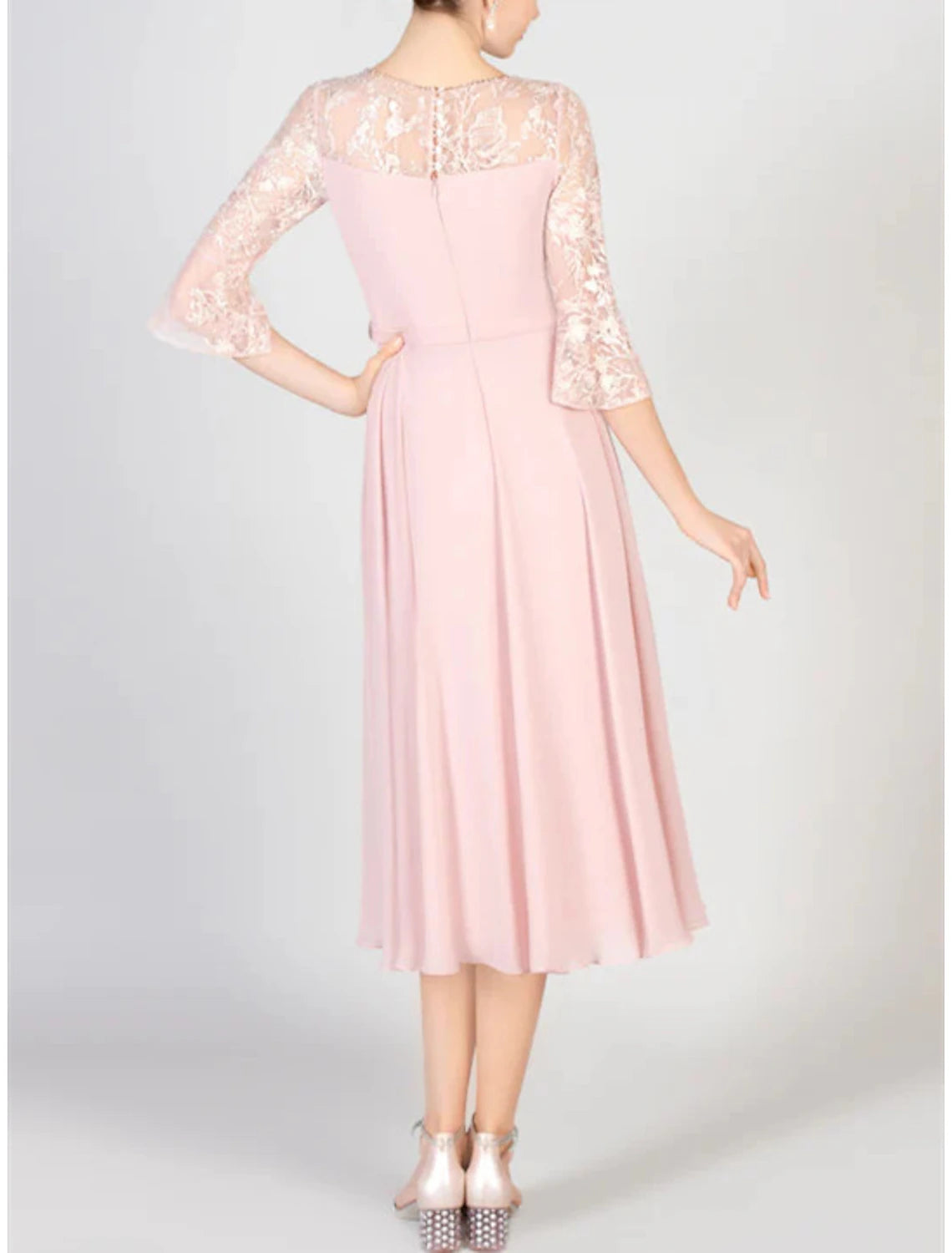 A-Line Mother of the Bride Dress Formal Wedding Guest Elegant Bateau Neck Scoop Neck Knee Length Chiffon Lace Half Sleeve with Crystals Appliques Solid Color