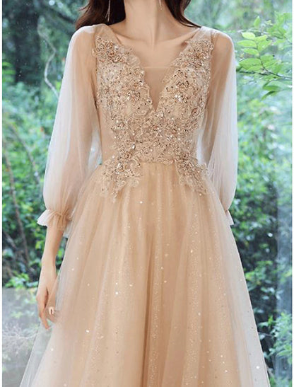 A-Line Bridesmaid Dress V Neck Long Sleeve Elegant Tea Length Lace / Tulle with Beading / Appliques