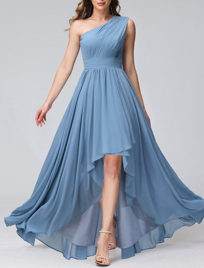 A-Line Bridesmaid Dress One Shoulder Sleeveless Blue Asymmetrical Chiffon with Solid Color