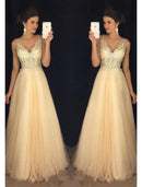 A-Line Prom Dresses Sparkle & Shine Dress Formal Wedding Guest Floor Length Sleeveless V Neck Tulle V Back with Beading Appliques