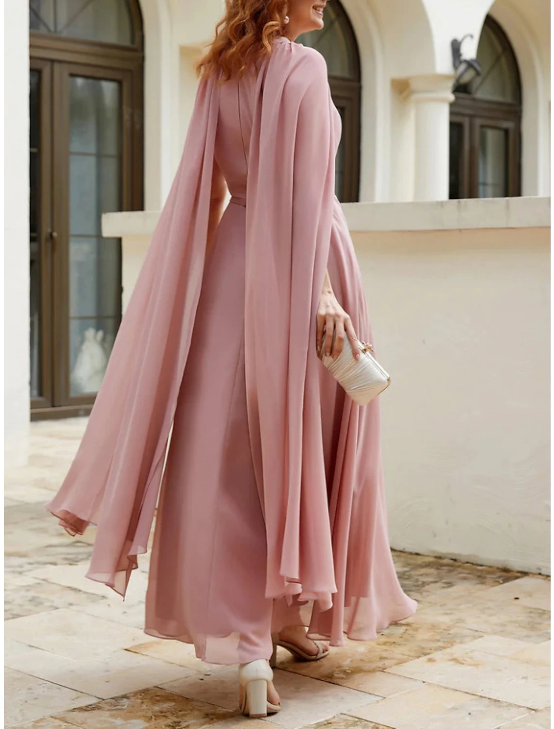 A-Line Mother of the Bride Dress Wedding Guest Elegant Jewel Neck Ankle Length Chiffon Sleeveless with Ruching Solid Color