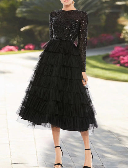 A-Line Cocktail Dresses Sparkle & Shine Dress Party Wear Wedding Guest Tea Length Long Sleeve Jewel Neck Fall Wedding Guest Tulle with Sequin Tiered