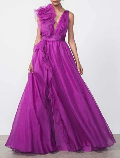 A-Line Evening Gown Celebrity Style Dress Formal Wedding Guest Floor Length Sleeveless V Neck Chiffon with Slit Pure Color