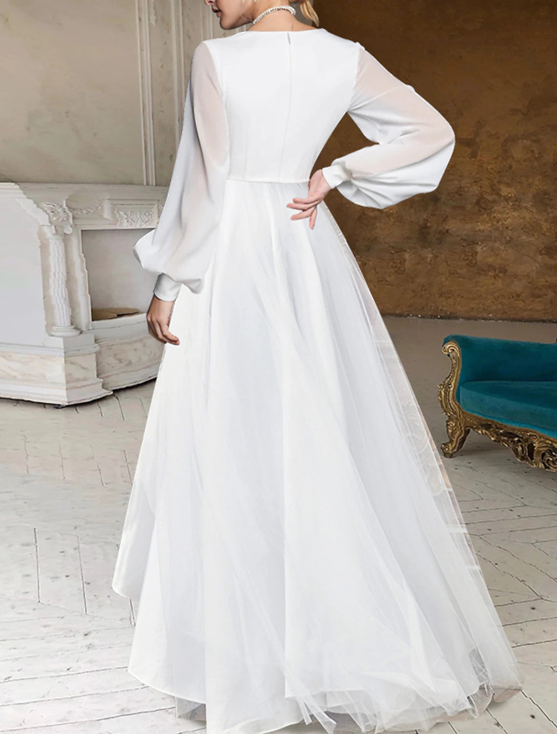 Bridal Shower Fall Wedding Dresses Little White Dresses Casual A-Line V Neck Long Sleeve Asymmetrical Chiffon Bridal Gowns With Solid Color Summer Wedding Party