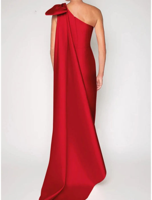 Sheath / Column Satin Evening Gown Elegant Christmas Dress Formal Sweep / Brush Train Sleeveless One Shoulder with Flower