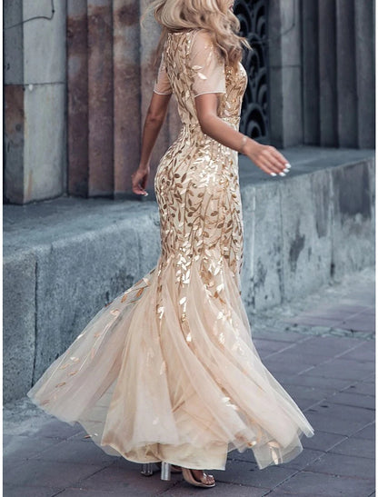 Mermaid / Trumpet Mother of the Bride Dress Wedding Guest Sparkle & Shine Elegant Jewel Neck Floor Length Sequined Short Sleeve with Pleats Sequin