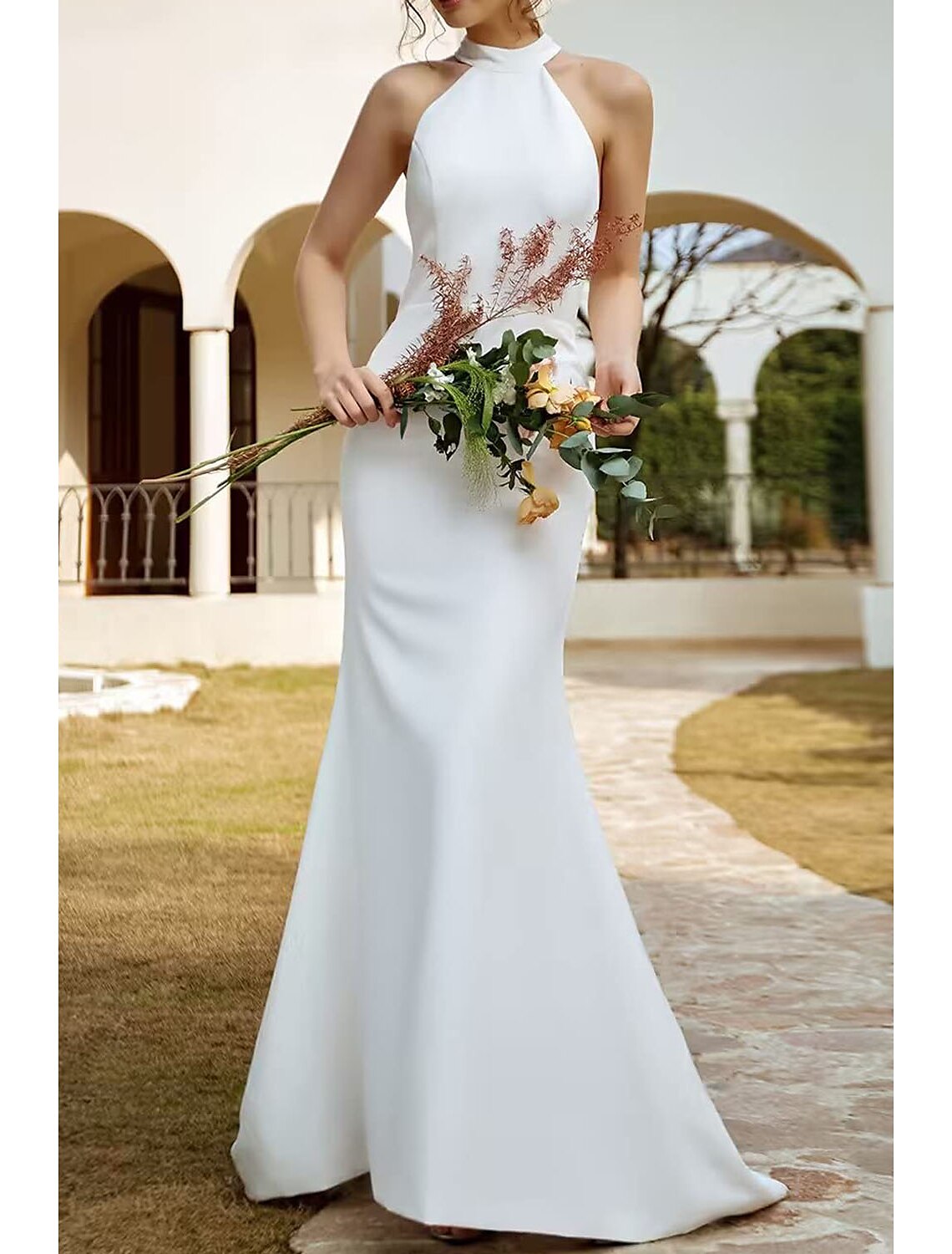 Beach Boho Wedding Dresses Sweep Train Mermaid Halter Sleeveless Stretch Fabric with Solid Color