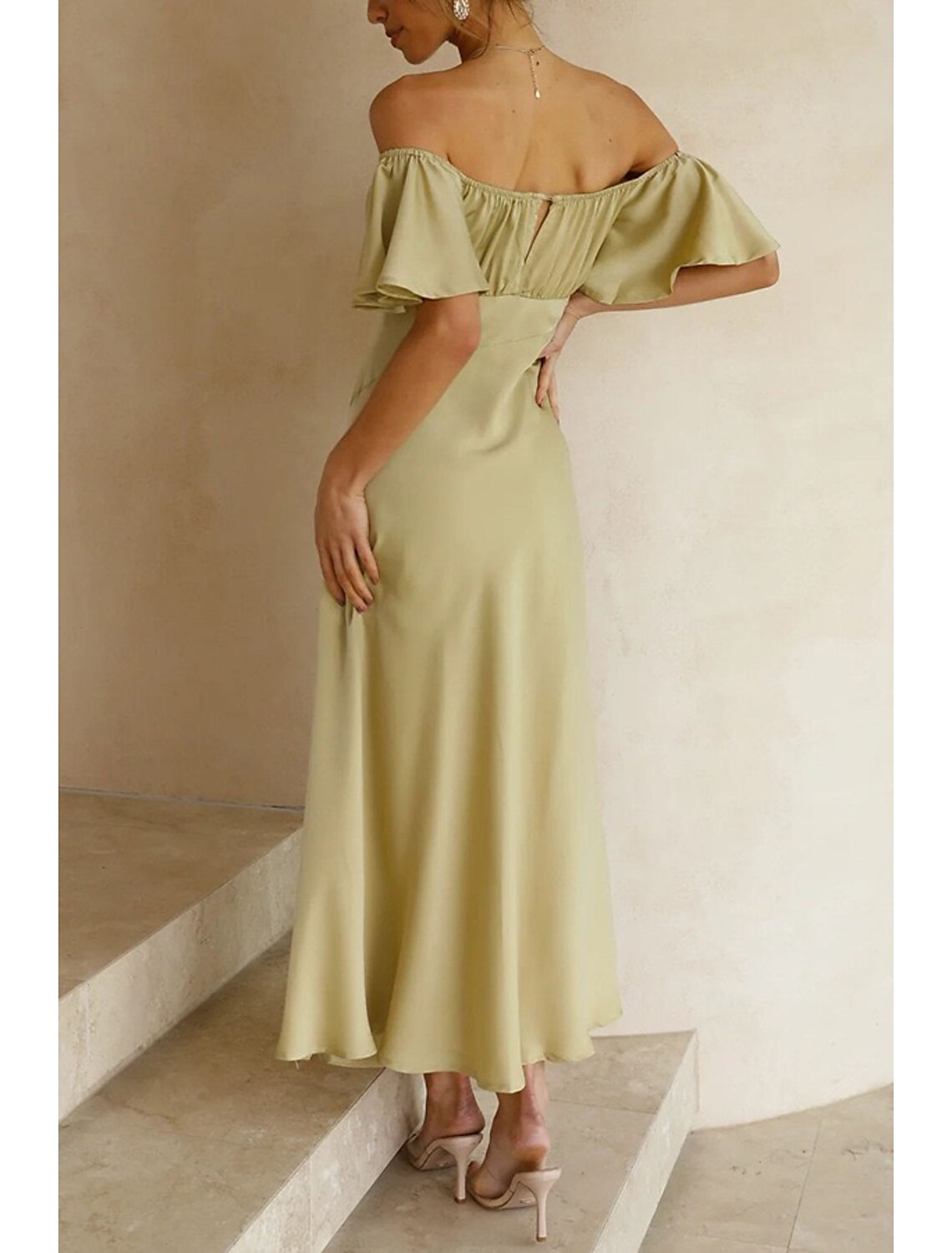 A-Line Wedding Guest Dresses Party Dress Wedding Birthday Ankle Length Short Sleeve Off Shoulder Satin with Ruffles Slit