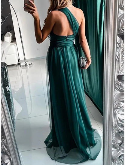 Sheath / Column Bridesmaid Dress One Shoulder Sleeveless Elegant Sweep / Brush Train Tulle with Pleats / Split Front