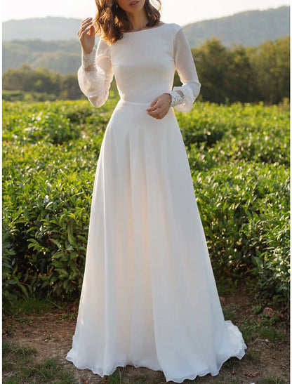 Beach Vintage Open Back Wedding Dresses A-Line Scoop Neck Long Sleeve Sweep / Brush Train Chiffon Bridal Gowns With Appliques