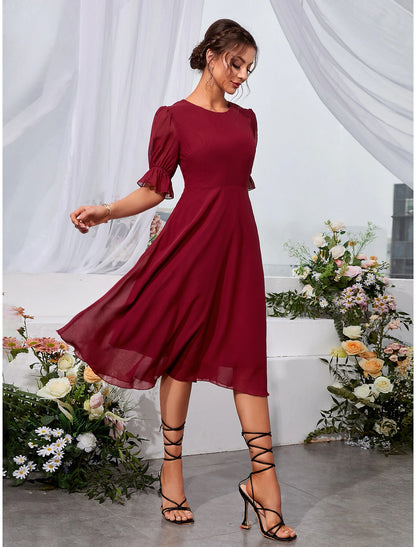 A-Line Wedding Guest Dresses Elegant Dress Holiday Graduation Tea Length Half Sleeve Jewel Neck Chiffon with Fringe