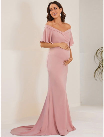 Mermaid / Trumpet Maternity Dresses Maternity Dress Formal Wedding Party Court Train Short Sleeve Off Shoulder Stretch Fabric with Ruched Pure Color