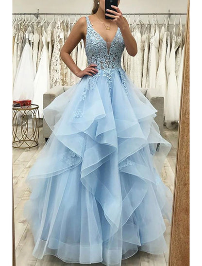 Ball Gown A-Line Prom Dresses Princess Dress Formal Wedding Guest Floor Length Sleeveless V Neck Tulle Backless with Pleats Ruched Appliques