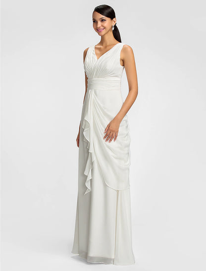 Sheath / Column V Neck Floor Length Chiffon Bridesmaid Dress with Draping / Sash / Ribbon / Side Draping