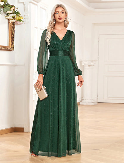 A-Line Evening Gown Sparkle & Shine Dress Formal Wedding Party Dress Floor Length Long Sleeve V Neck Chiffon with Sequin