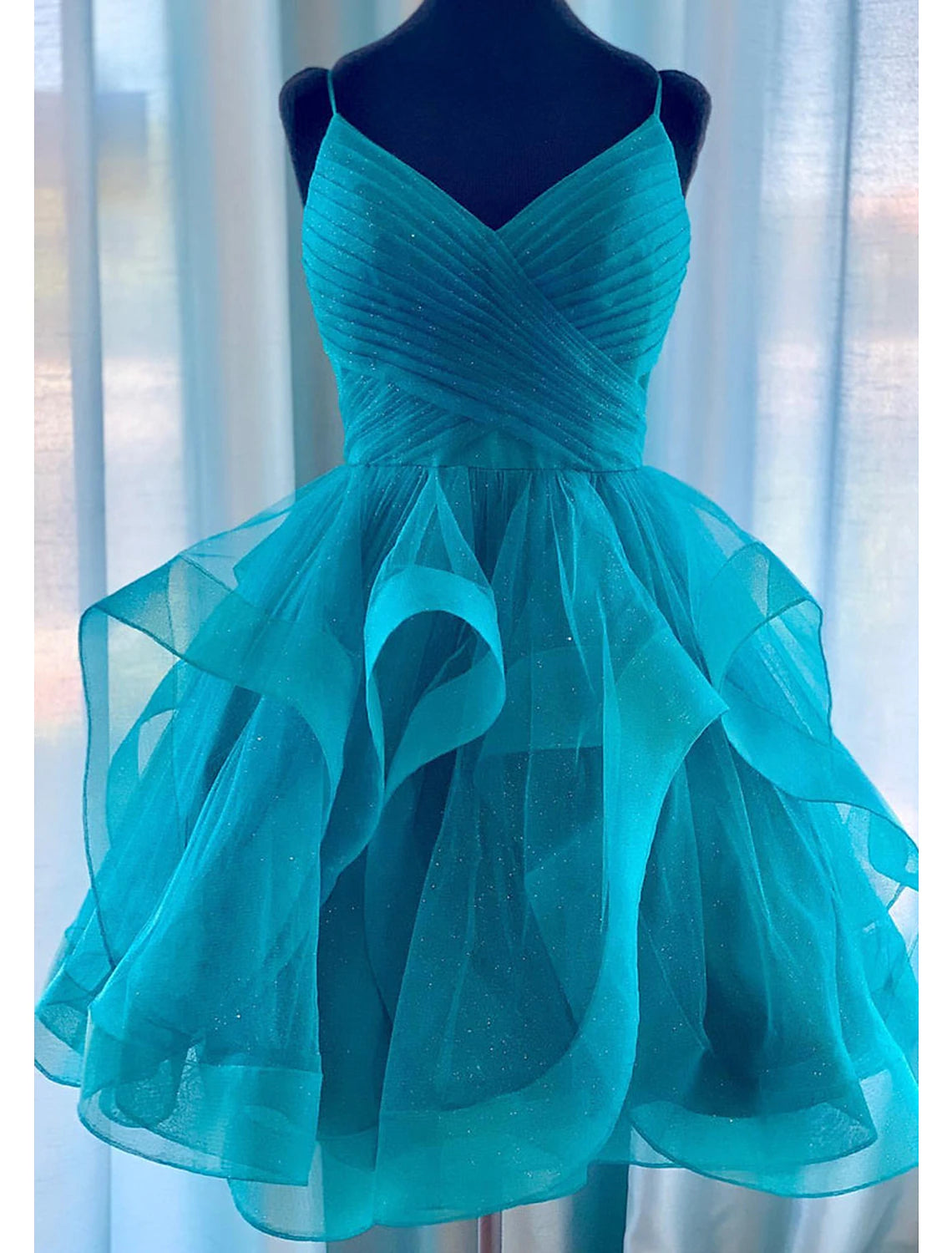 Ball Gown A-Line Cocktail Dresses Party Dress Homecoming Knee Length Sleeveless Spaghetti Strap Tulle Backless with Glitter Ruffles