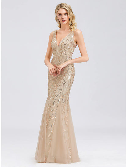 Mermaid / Trumpet Sparkle Sexy Prom Formal Evening Valentine's Day Dress V Neck V Back Sleeveless Floor Length Tulle with Sequin Appliques