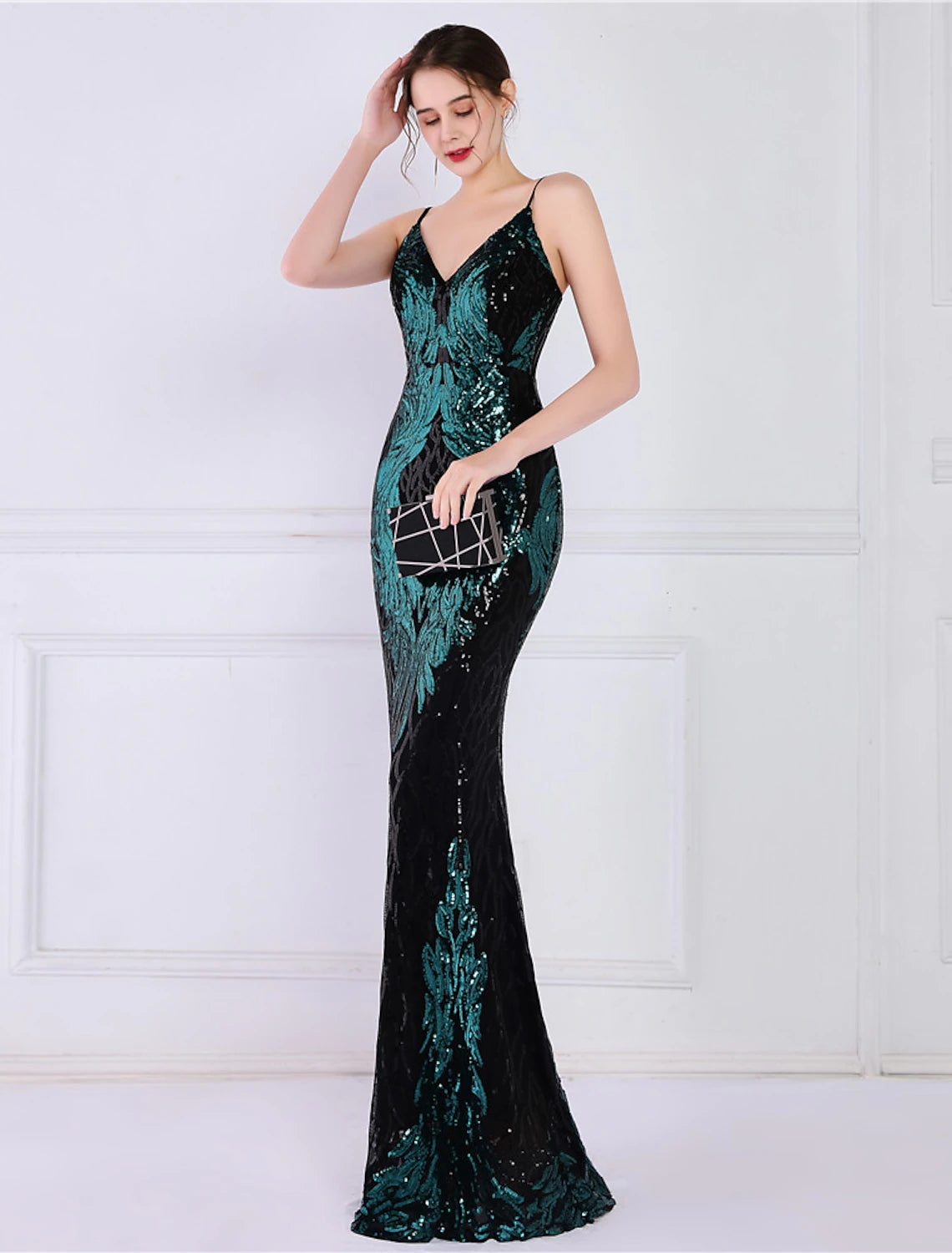 Mermaid / Trumpet Evening Gown Sparkle & Shine Dress Formal Wedding Guest Floor Length Sleeveless Spaghetti Strap Sequined with Sequin