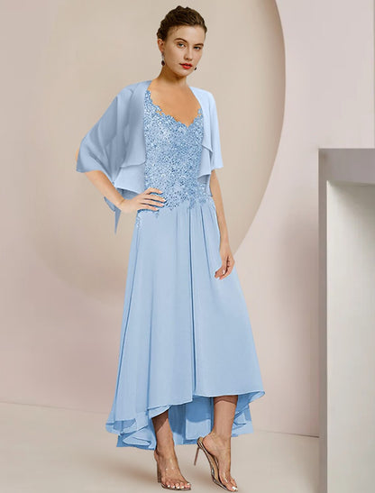 Two Piece A-Line Mother of the Bride Dress Formal Wedding Guest Elegant High Low V Neck Asymmetrical Tea Length Chiffon Lace 3/4 Length Sleeve Wrap Included with Sequin Appliques