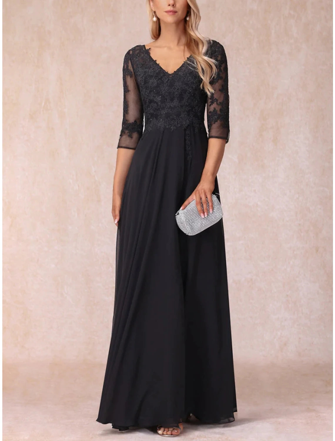 A-Line Mother of the Bride Dress Wedding Guest Elegant V Neck Floor Length Chiffon Lace 3/4 Length Sleeve with Ruching Solid Color