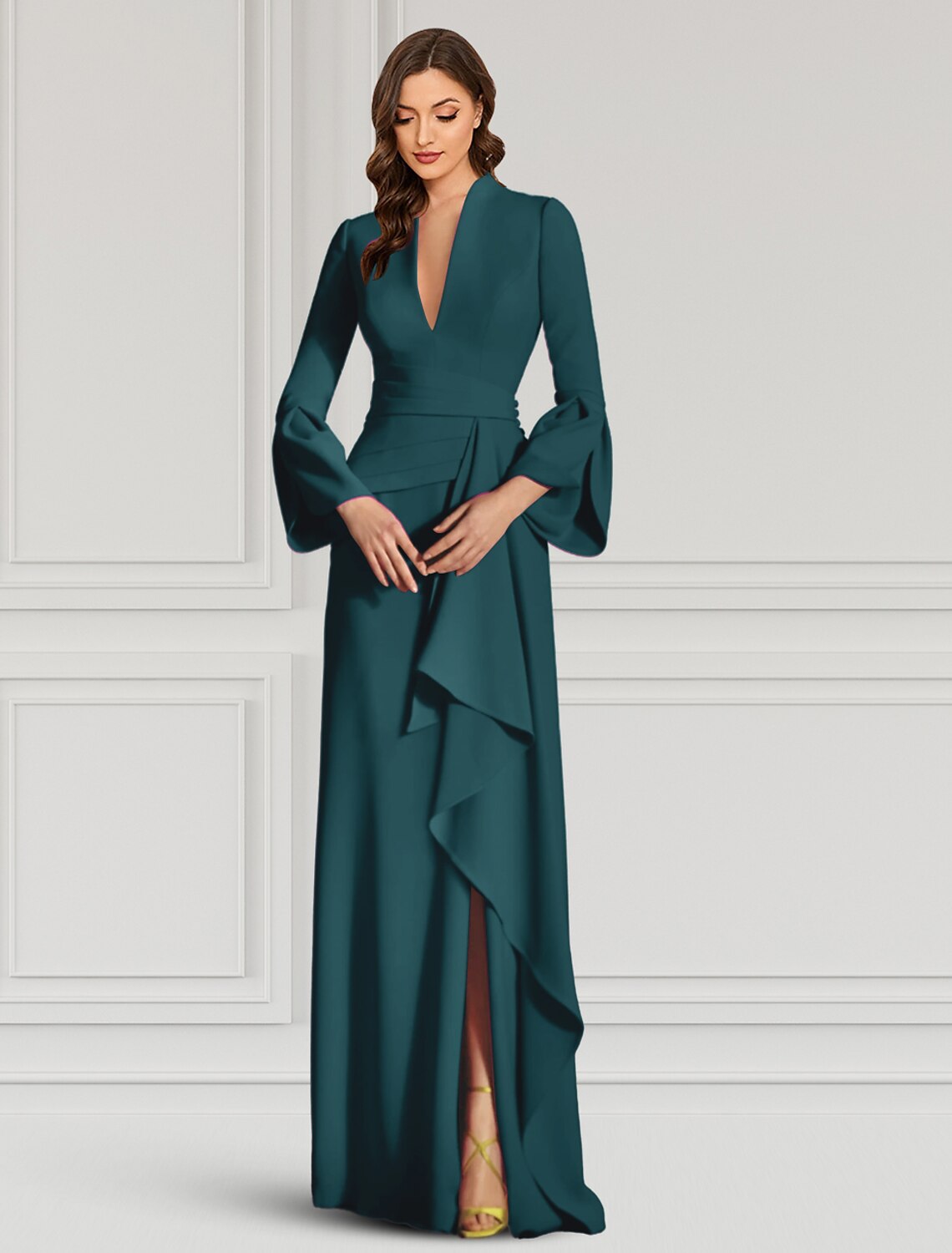 Sheath / Column Evening Gown Elegant Dress Formal Cocktail Party Floor Length Long Sleeve V Neck Fall Wedding Guest Stretch Fabric with Ruffles