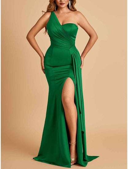 A-Line Evening Gown High Split Dress Formal Sweep / Brush Train Sleeveless One Shoulder Satin with Pleats Slit