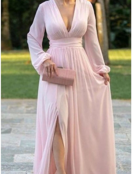 A-Line Mother of the Bride Dress Wedding Guest Elegant V Neck Sweep / Brush Train Chiffon Long Sleeve with Split Front Ruching