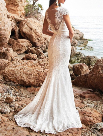 Beach Open Back Mature Wedding Dresses Mermaid / Trumpet V Neck Cap Sleeve Sweep / Brush Train Lace Bridal Gowns With Appliques Solid Color