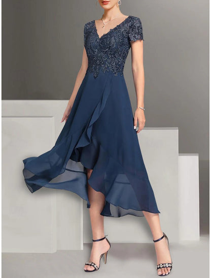 Wedding Guest Dress Elegant High Low V Neck Length Chiffon Lace Short Sleeve with Tier Mother of the Bride Dress