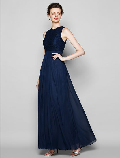 Sheath / Column Bridesmaid Dress Jewel Neck Sleeveless Elegant Floor Length Chiffon / Lace with Lace